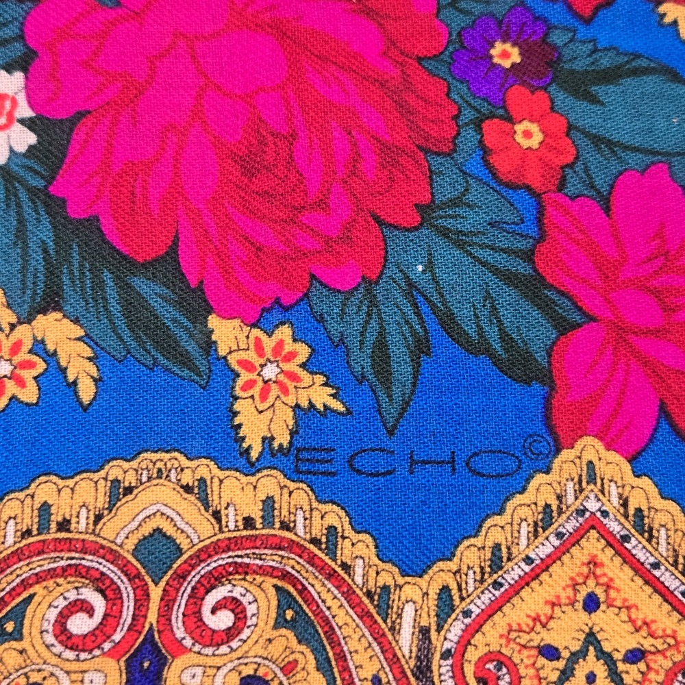 Echo 100% Wool Scarf 34" Square Floral Paisley Plaid Challis Blue Multicolor NWT - Picture 4 of 12